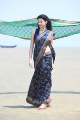 'Afreen' Navy Blue Pure Resham Cotton Alfi Booti Tilfi Border Banarasi Handloom Saree